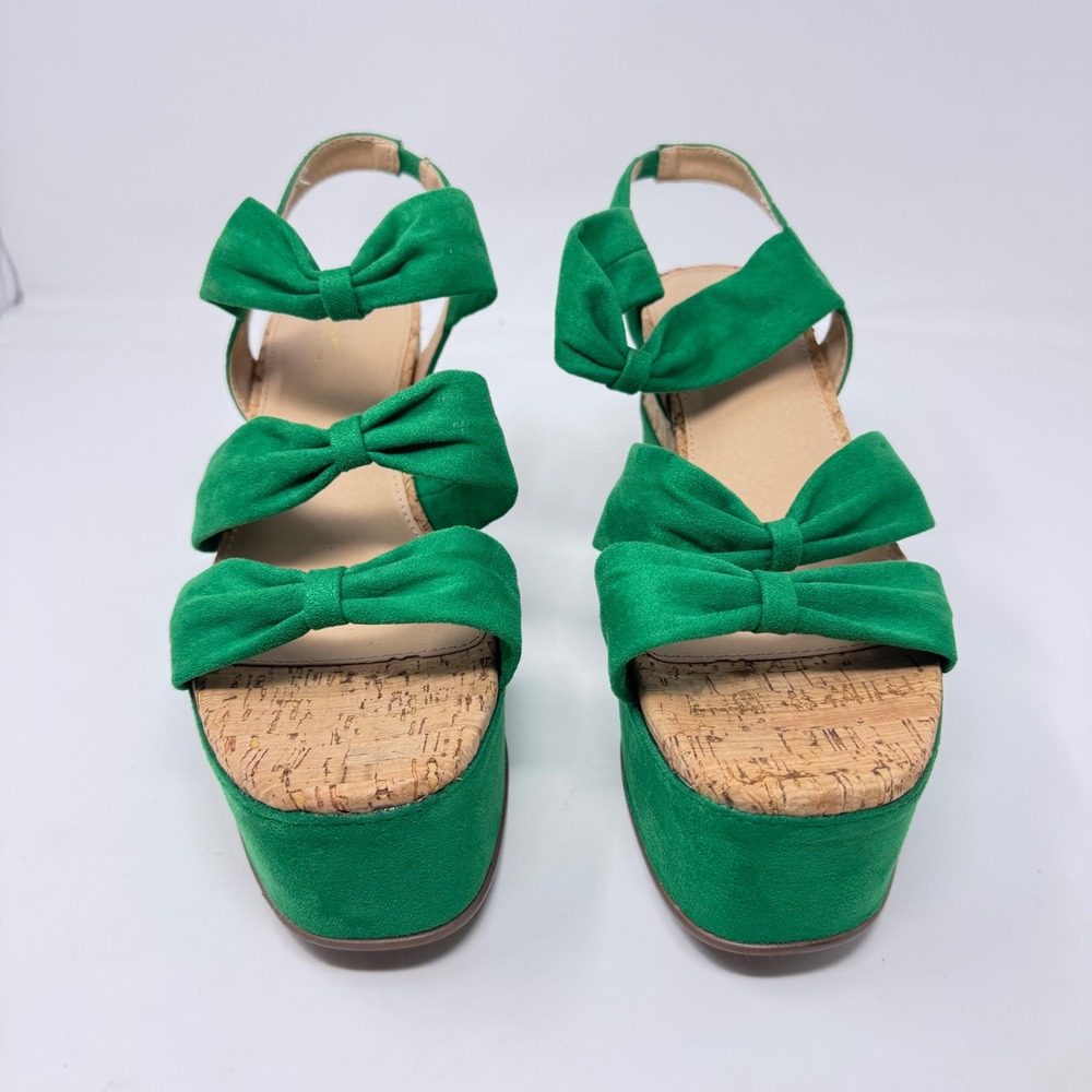 Comfort View Green Faux Suede Triple Bow Cork Platform Wedge Sandals 11W - Picture 2 of 6